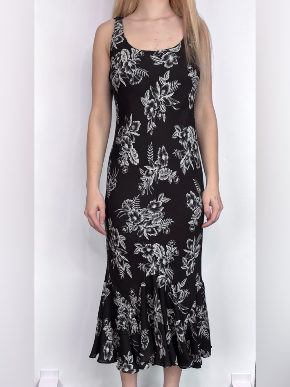 Y2K Silk Vintage Jones New York Signature Black‎ & White Floral Midi Dress L